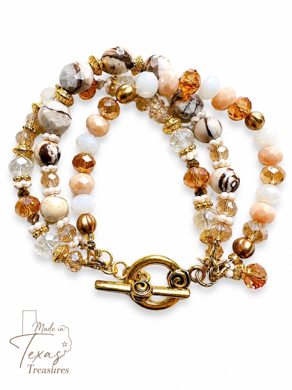Beaded Multi-Strand Bracelet handmade with Zebra Jasper stones andCream & Gold